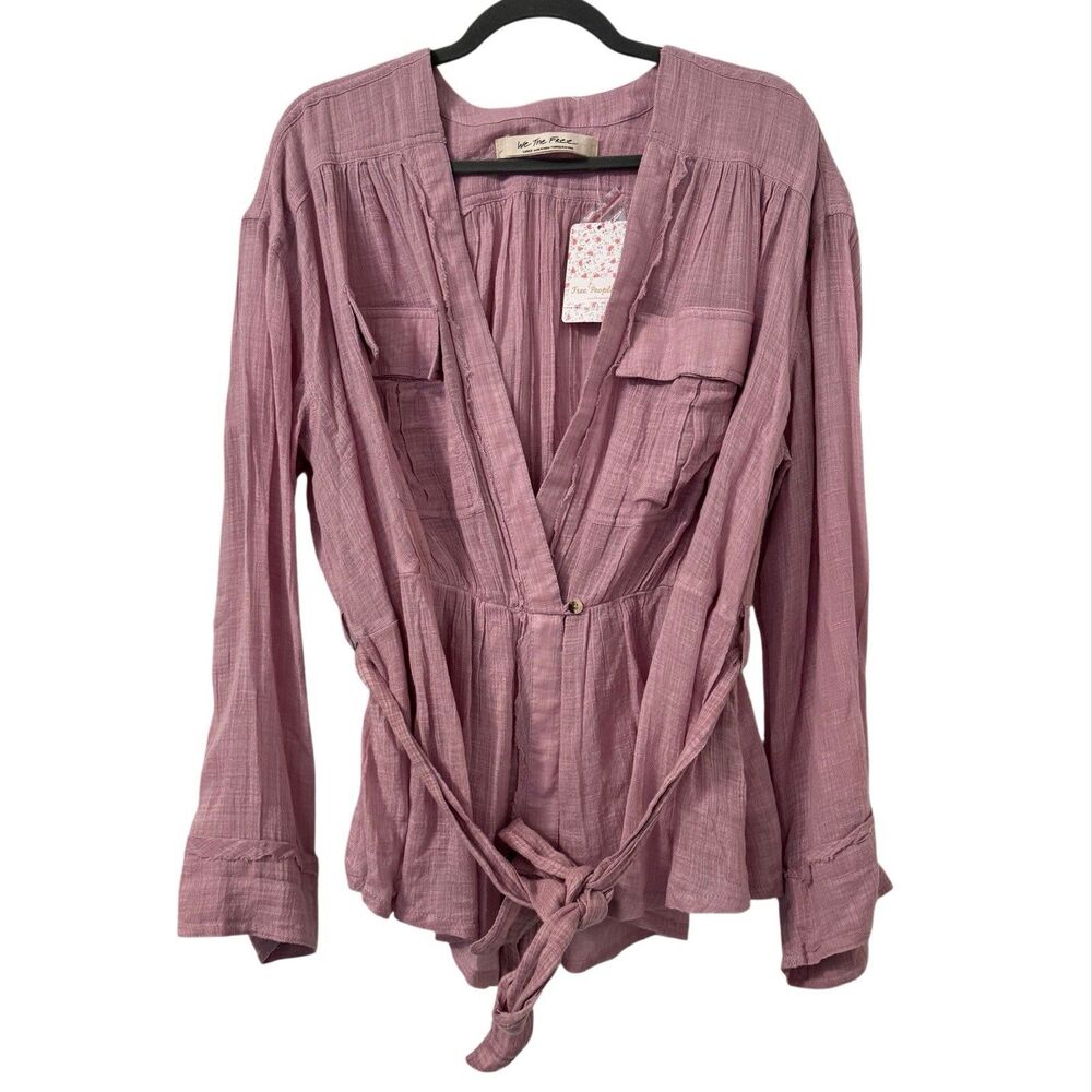 Free People Safari Sheer Woven Top Large Lavender Gauze Boho‎ Lightweight Belted